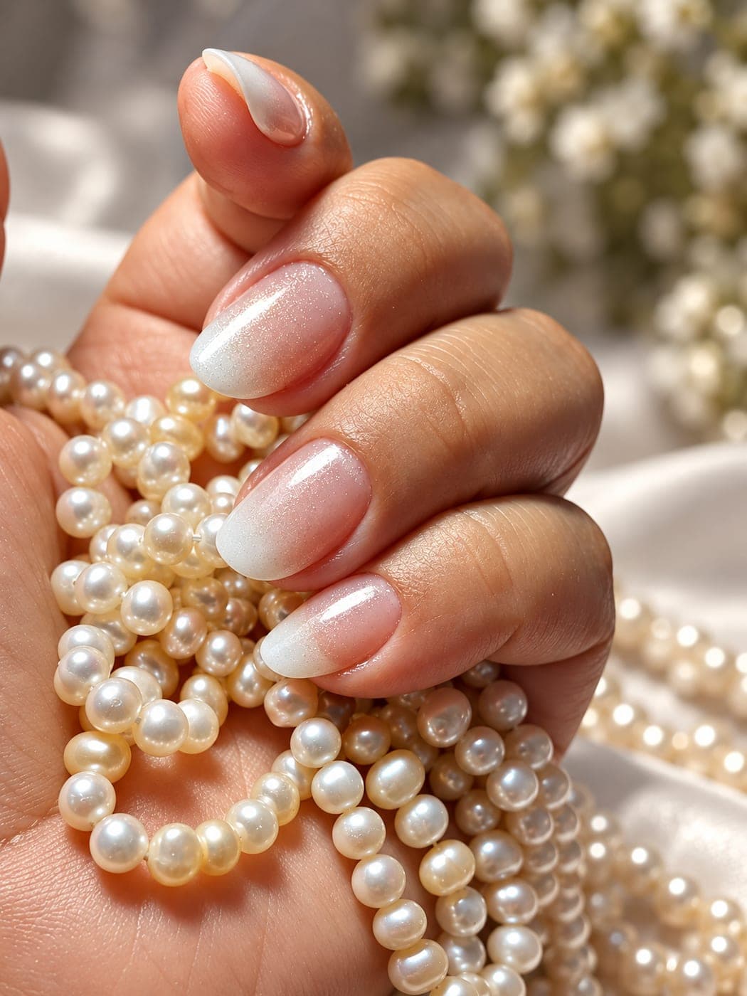 Unhas em gel baby boomer com degradê rosado e branco segurando um colar de pérolas